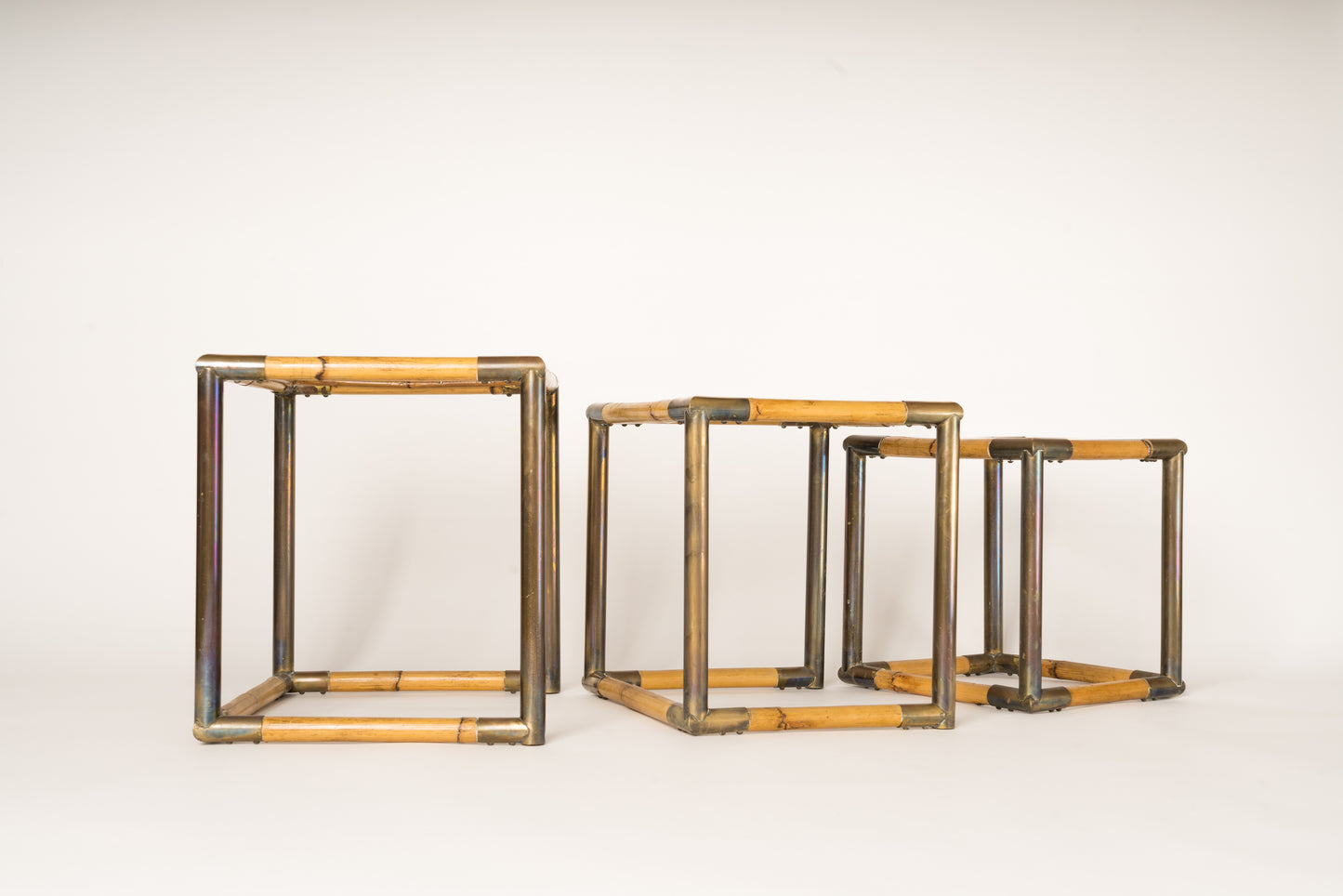 Set of Three Bamboo & Brass Nesting Tables, Italy, 1970's