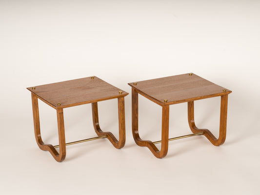 Pair of Square Oak Side Table with Wavy Legs - France 1950's