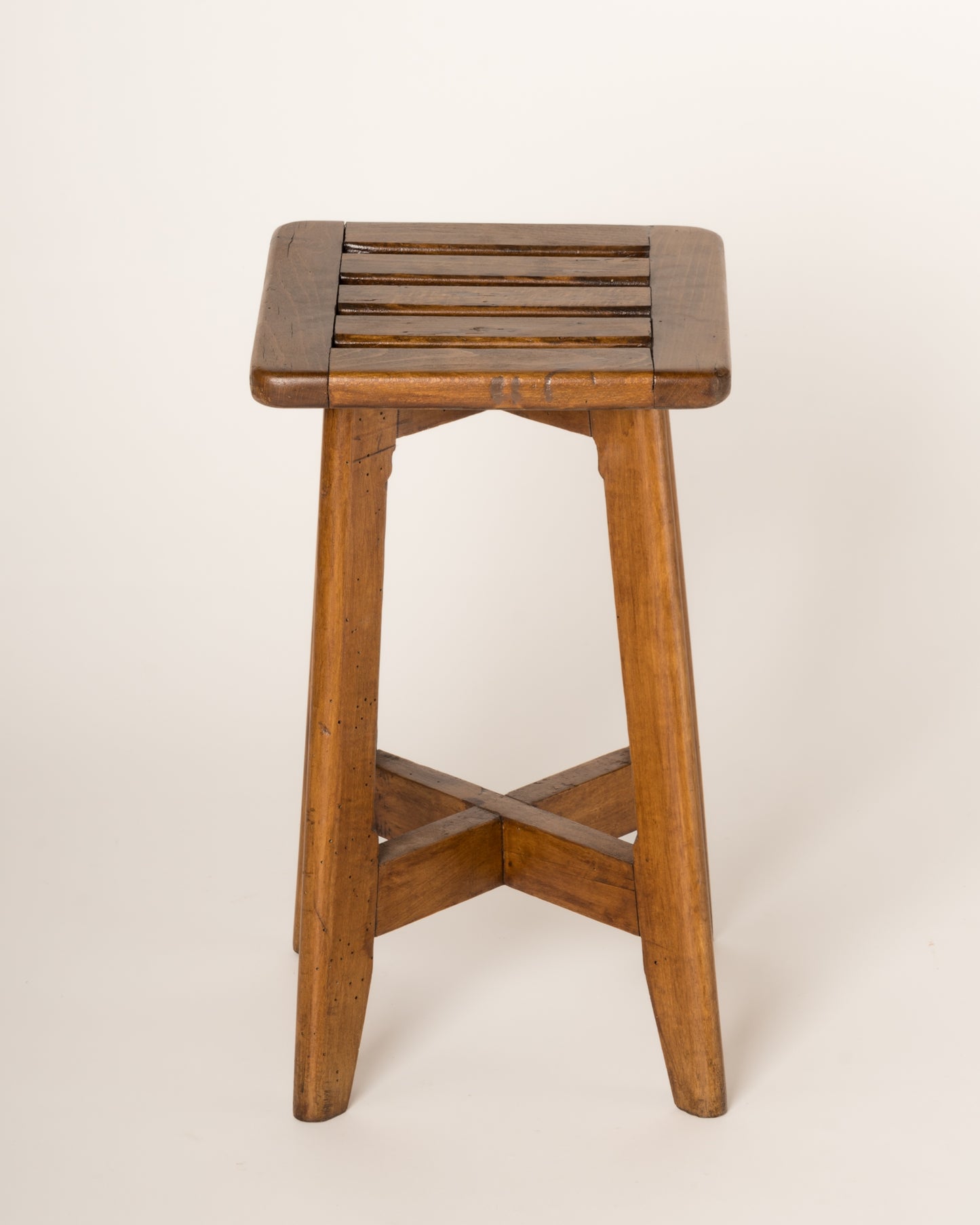 Reconstruction Oak Split Slats Stool in the Style of Gascoin, France, 1950's