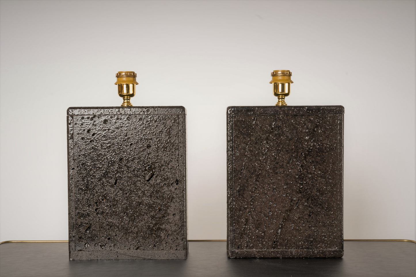 Pair of Deep Black Glazed Lava Stone Table Lamps, France, 1970's