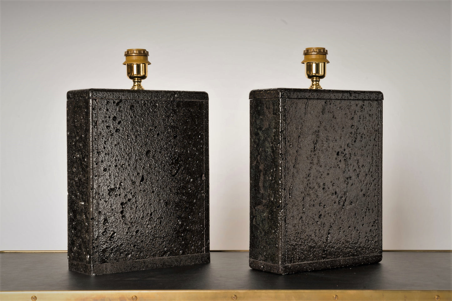 Pair of Deep Black Glazed Lava Stone Table Lamps, France, 1970's