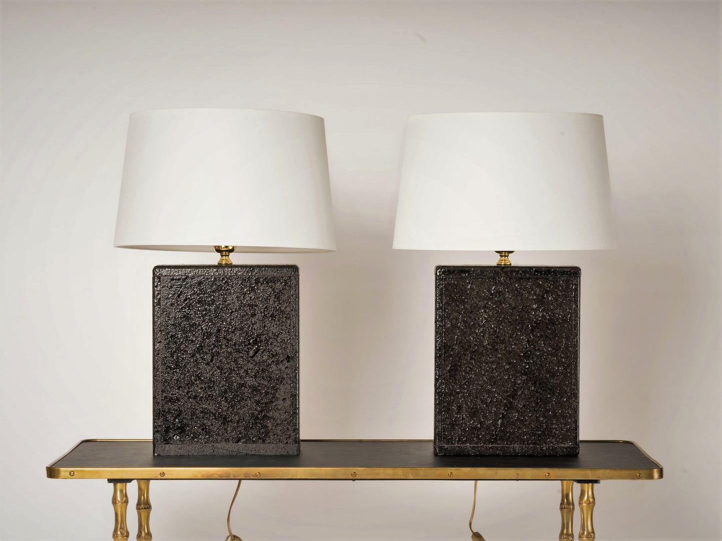 Pair of Deep Black Glazed Lava Stone Table Lamps, France, 1970's