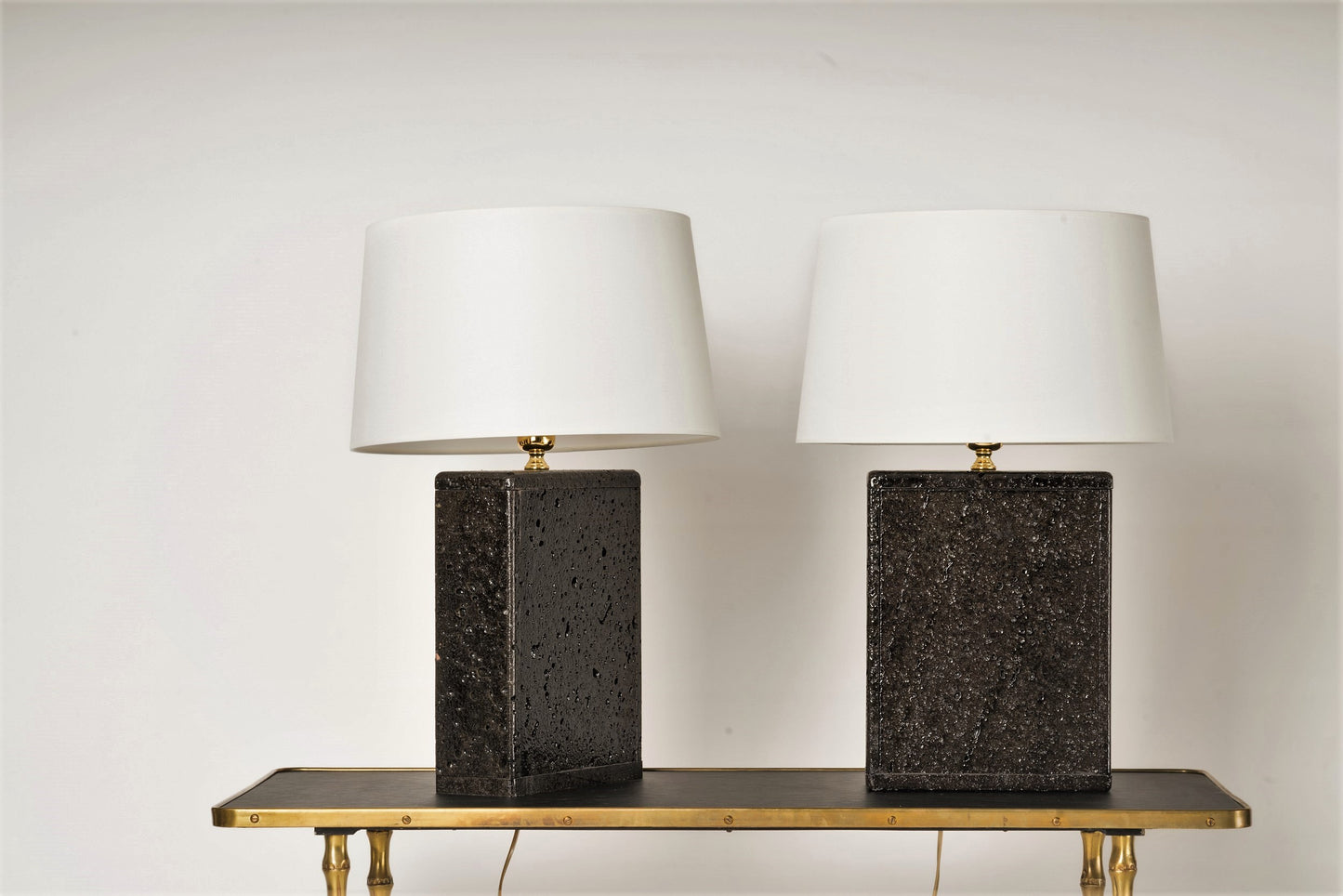 Pair of Deep Black Glazed Lava Stone Table Lamps, France, 1970's