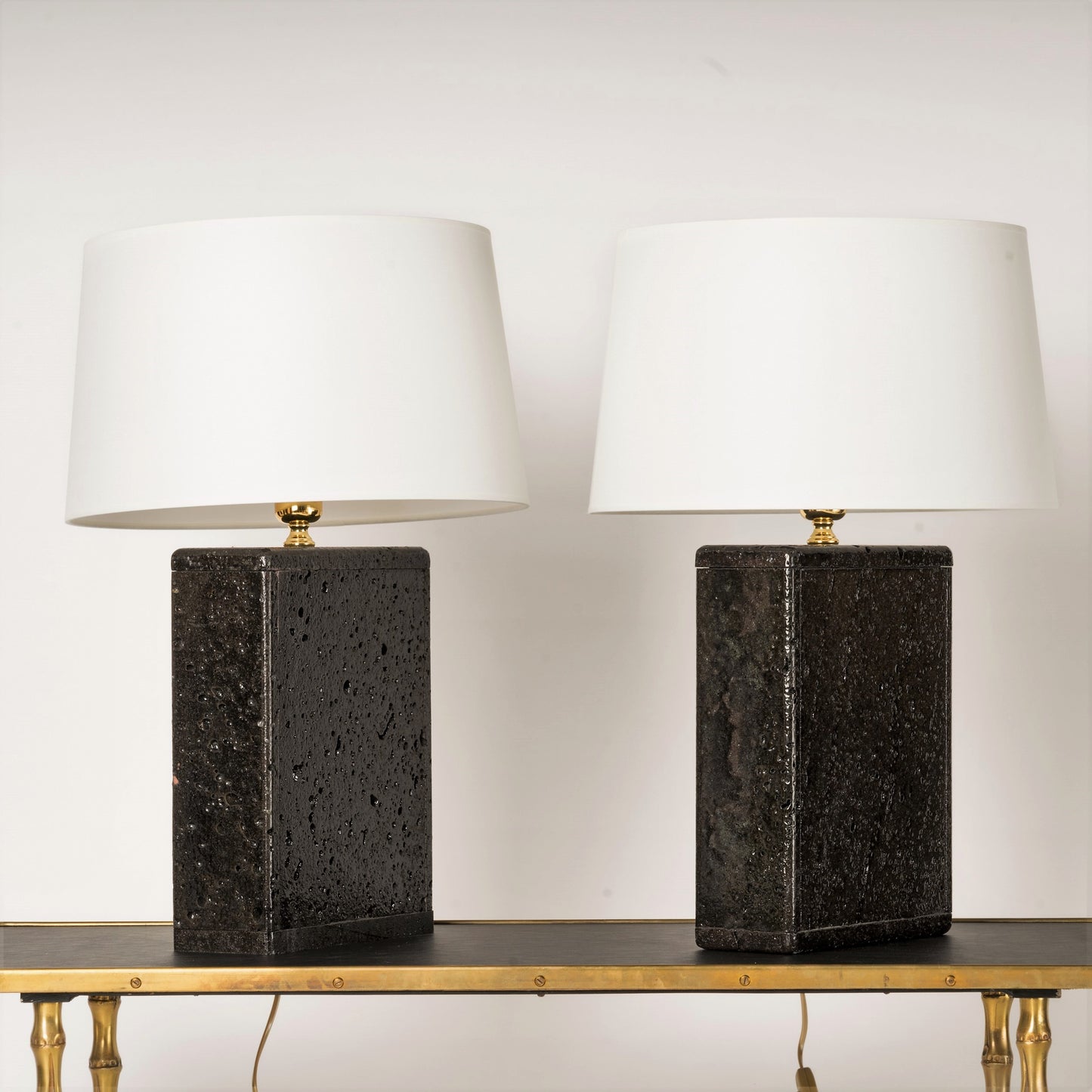 Pair of Deep Black Glazed Lava Stone Table Lamps, France, 1970's