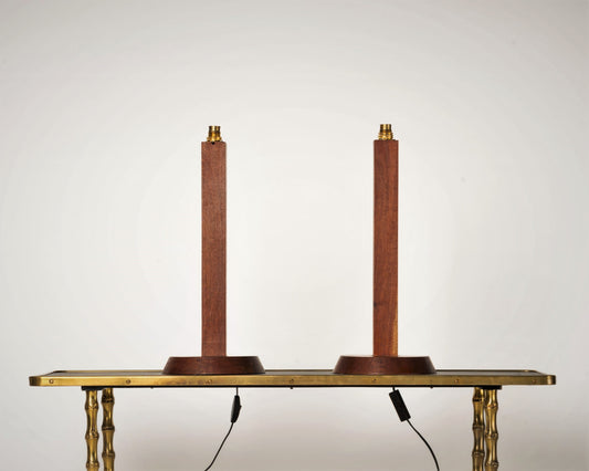 Pair of Minimalist Solid Teak Table Lamps - France 1970's