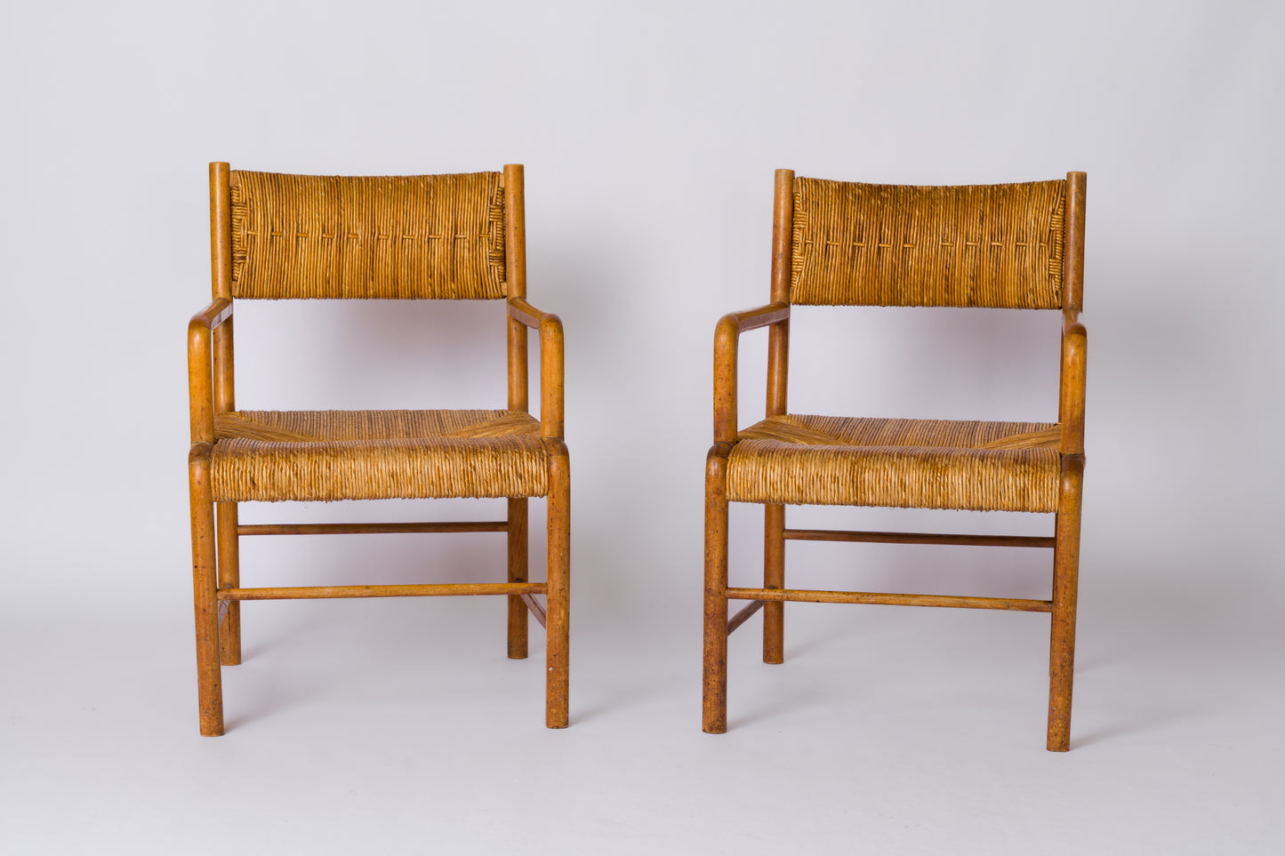 Straw & Beech Modernist Armchairs by Emanuele Rambaldi - Italy 1930's
