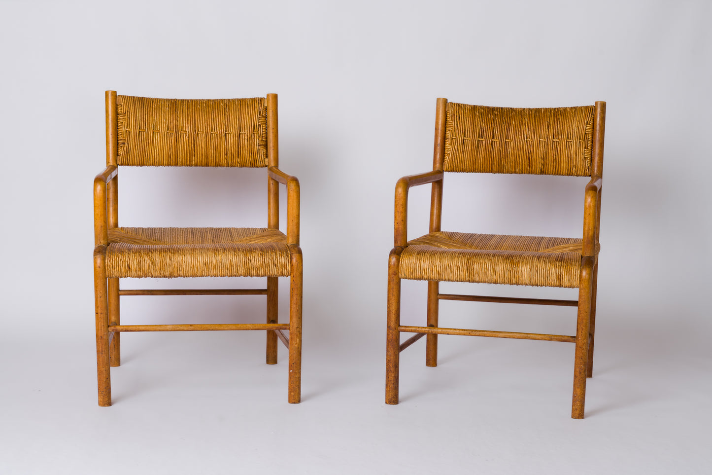Straw & Beech Modernist Armchairs by Emanuele Rambaldi - Italy 1930's