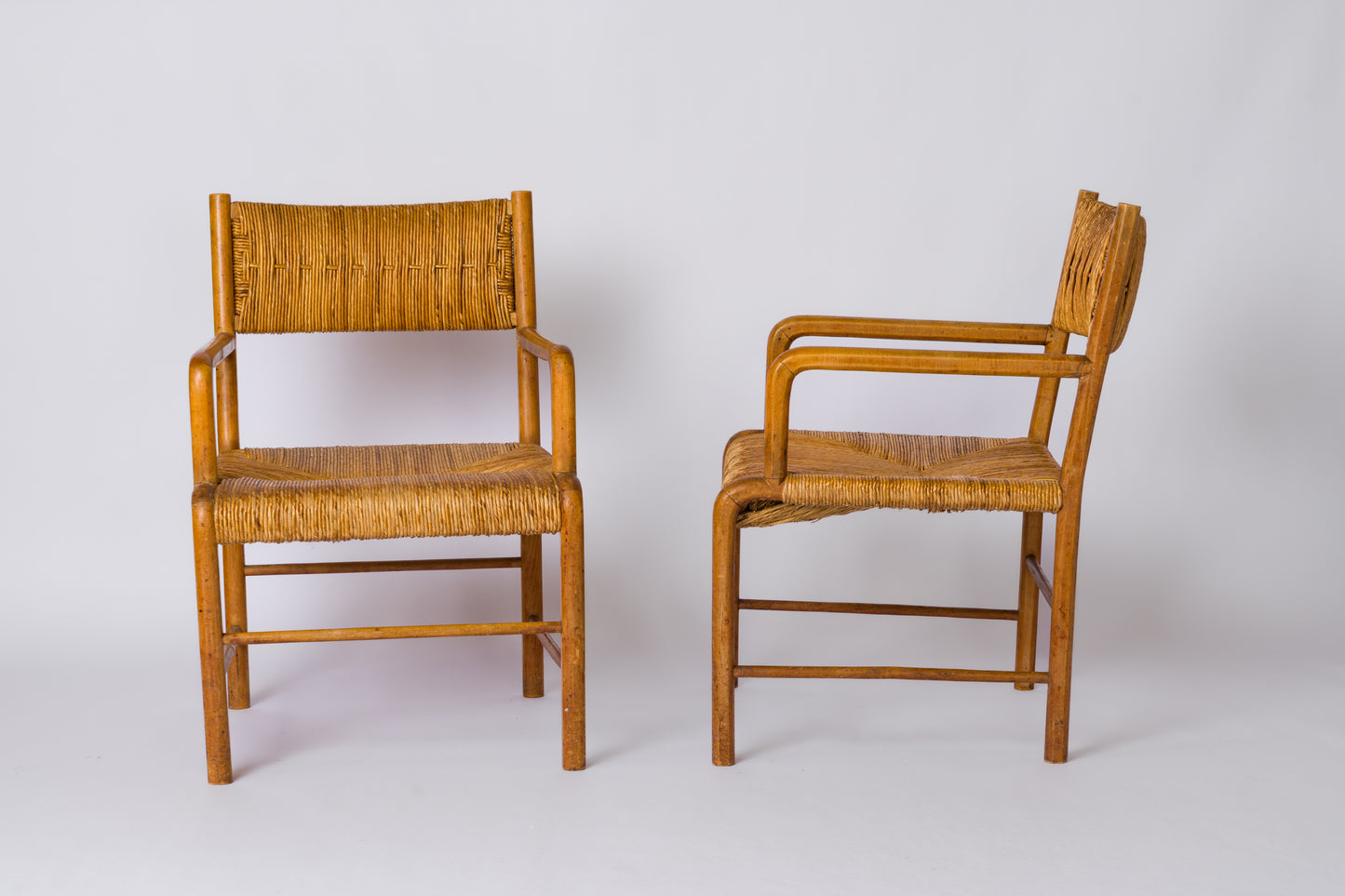 Straw & Beech Modernist Armchairs by Emanuele Rambaldi - Italy 1930's