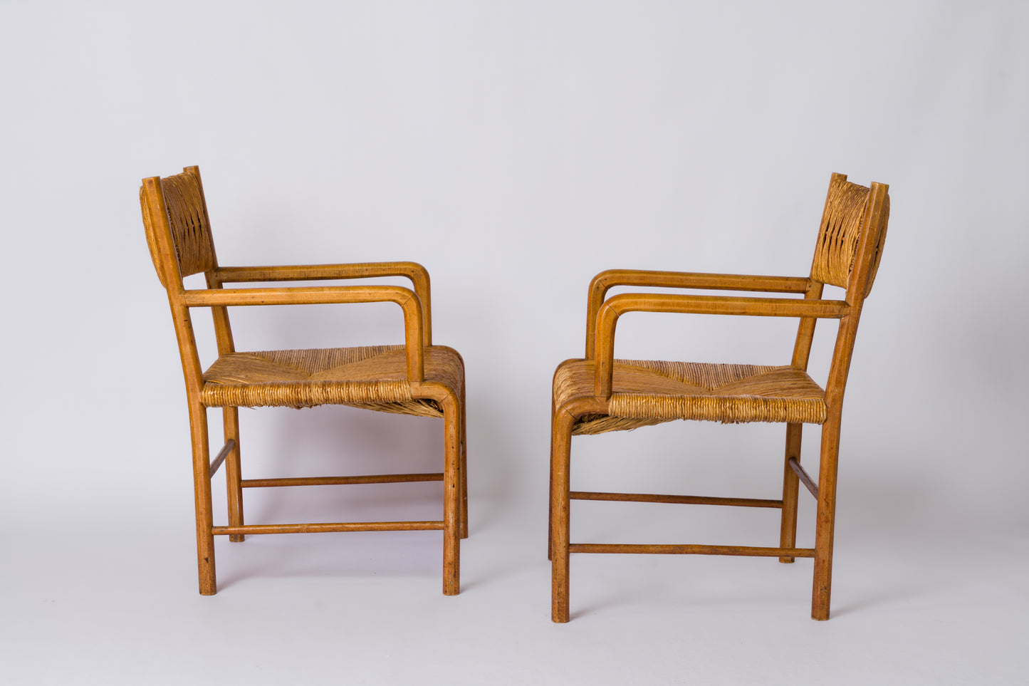 Straw & Beech Modernist Armchairs by Emanuele Rambaldi - Italy 1930's