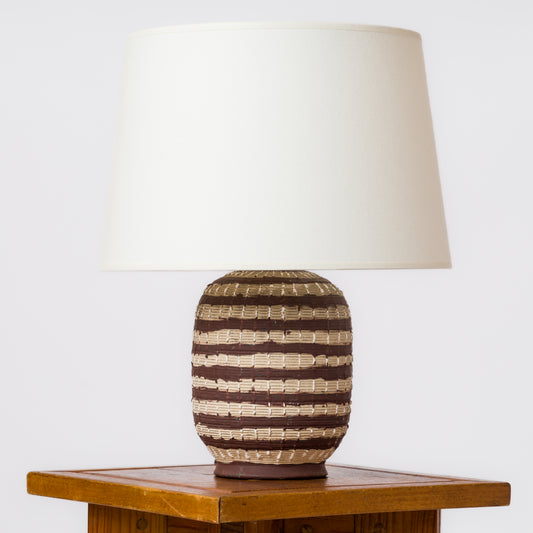Textured Ceramic Brown & Beige Striated Art Deco Lamp - France 1930's