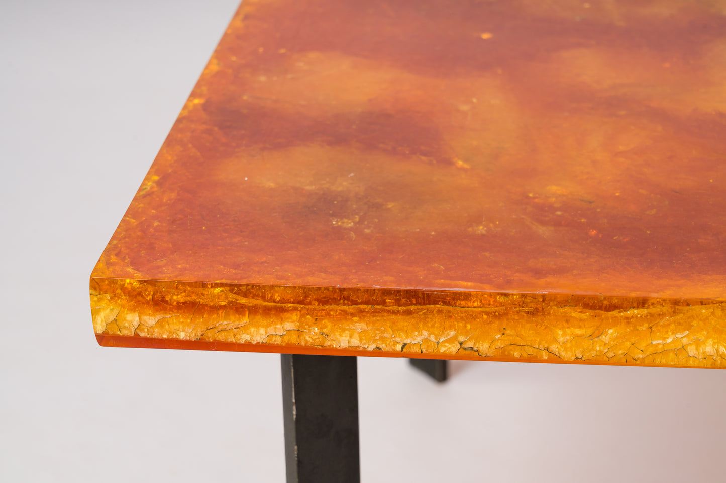 Coffee Table in Orange Fractal Resin with Lacquered Steel Base - France 1970's