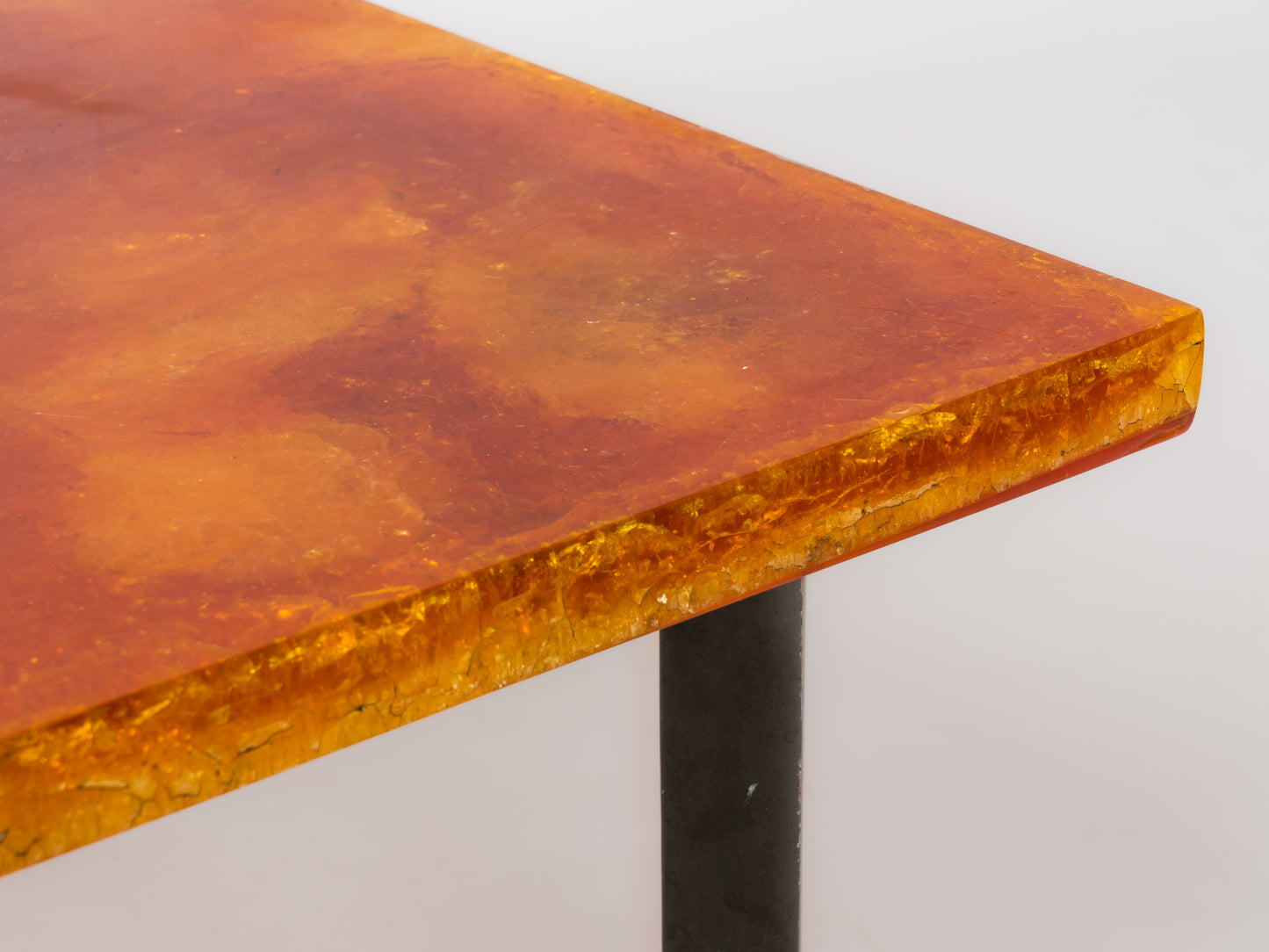Coffee Table in Orange Fractal Resin with Lacquered Steel Base - France 1970's