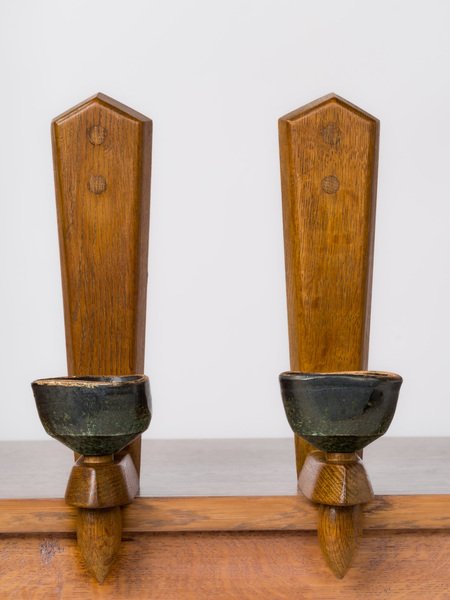 Pair of Solid Oak & Ceramic Sconces by Guillerme & Chambron - France 1960's
