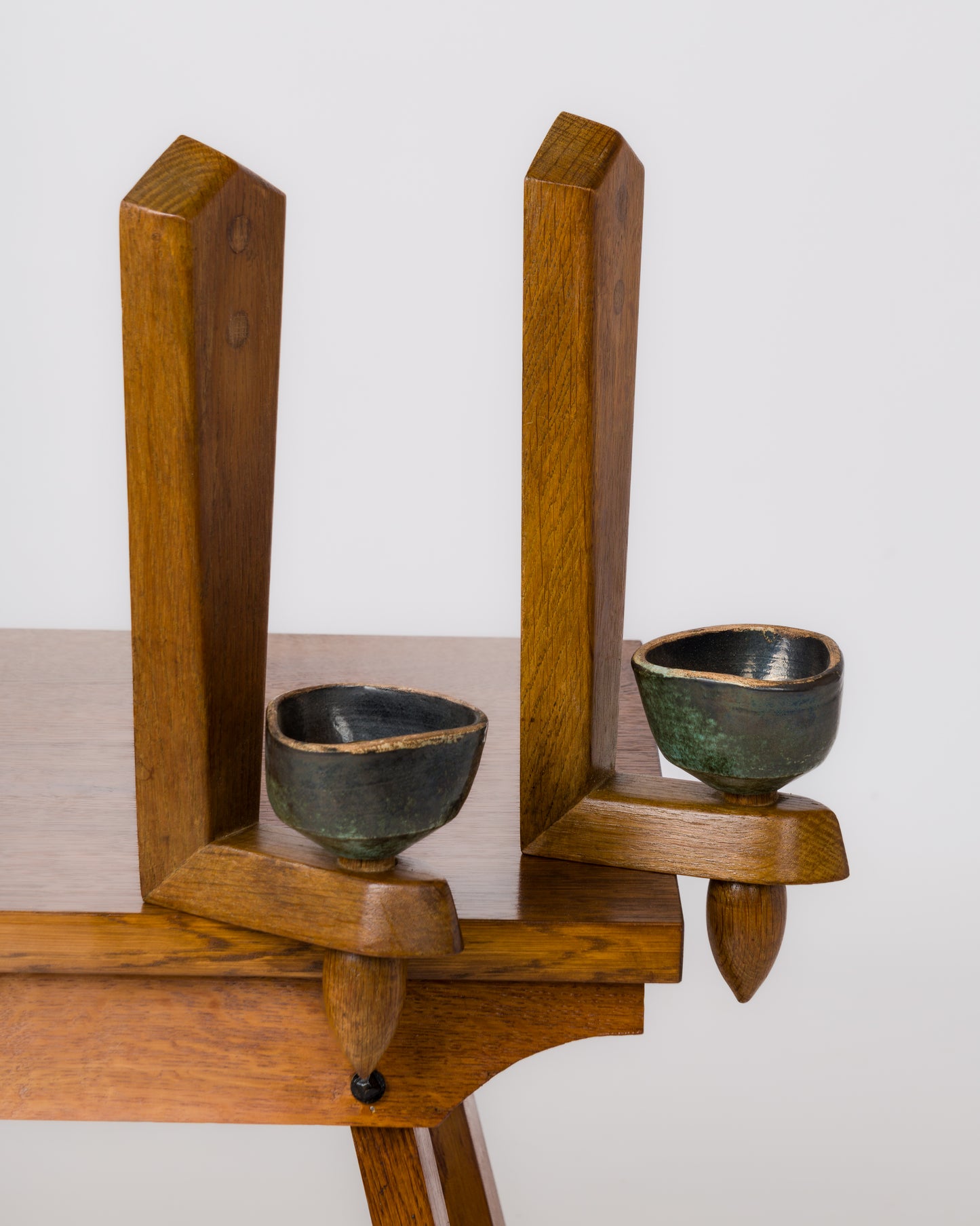 Pair of Solid Oak & Ceramic Sconces by Guillerme & Chambron - France 1960's