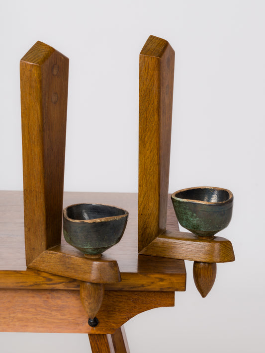 Pair of Solid Oak & Ceramic Sconces by Guillerme & Chambron - France 1960's