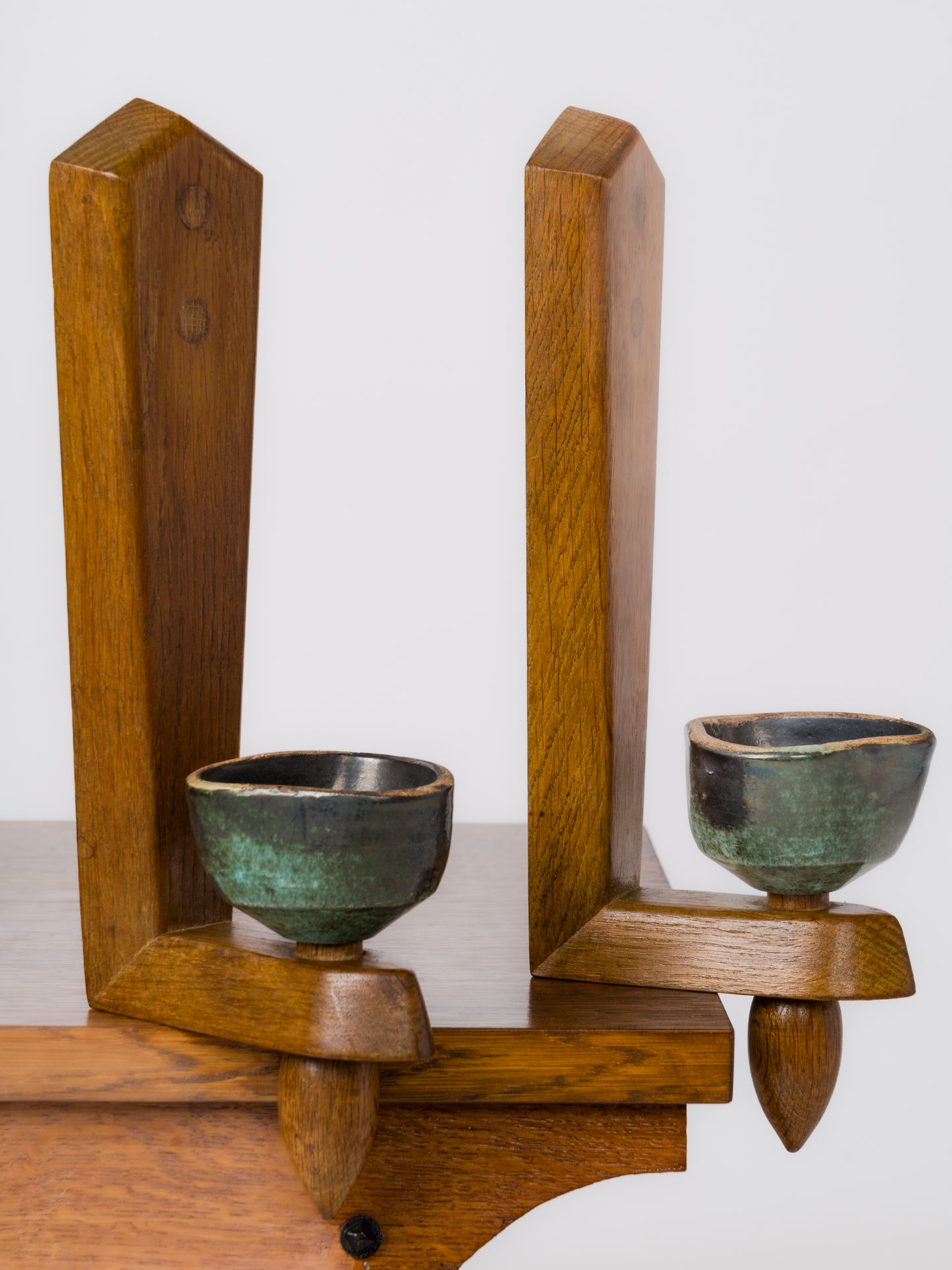 Pair of Solid Oak & Ceramic Sconces by Guillerme & Chambron - France 1960's