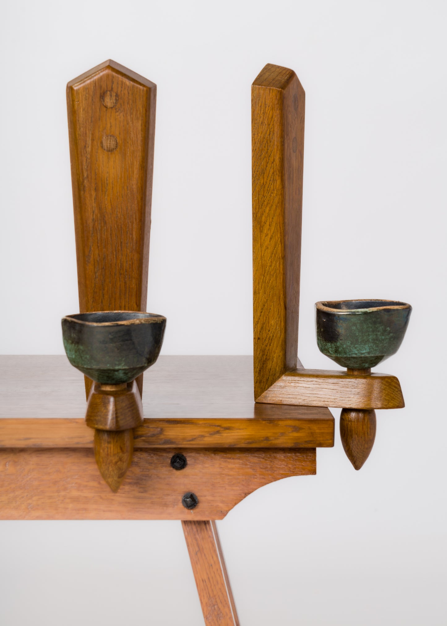 Pair of Solid Oak & Ceramic Sconces by Guillerme & Chambron - France 1960's