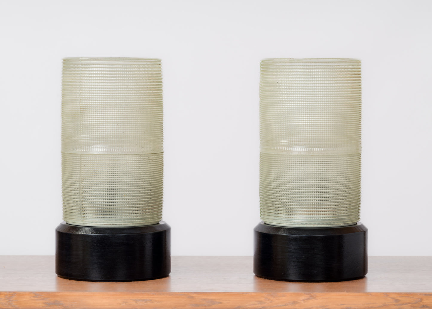 Pair of Holophane Glass Shades Table Lamps on Black Lacquered Wood Base