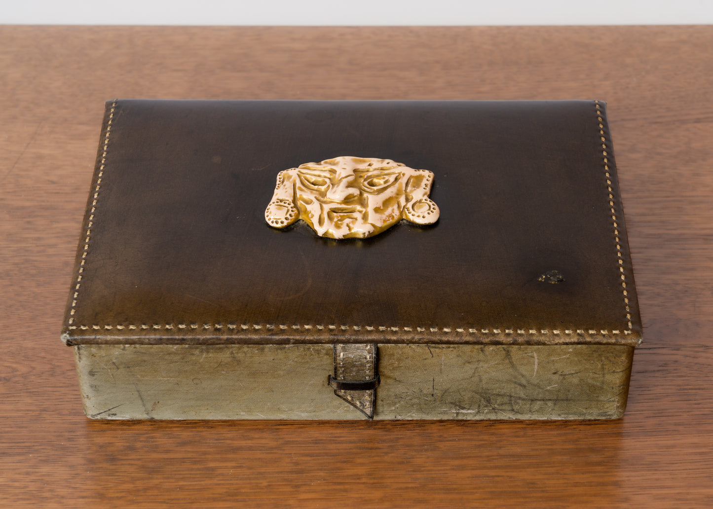 Decorative Box in Dark Gray Leather w. Ceramic Mascaron - France 1960's