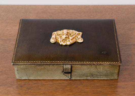 Decorative Box in Dark Gray Leather w. Ceramic Mascaron - France 1960's