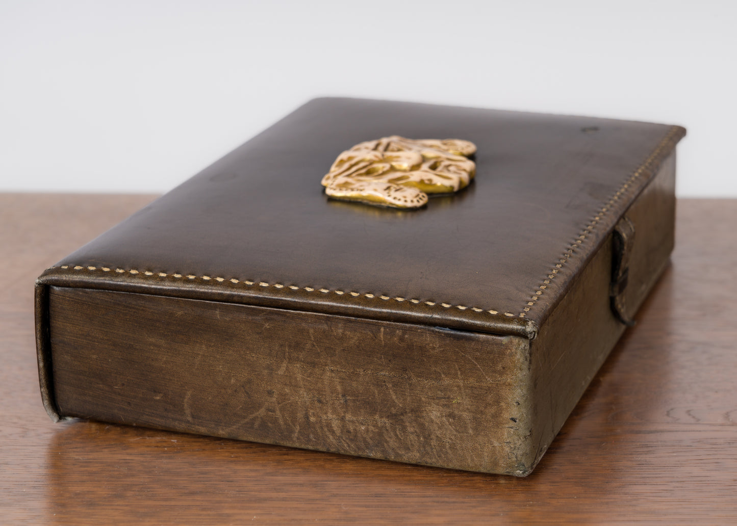 Decorative Box in Dark Gray Leather w. Ceramic Mascaron - France 1960's