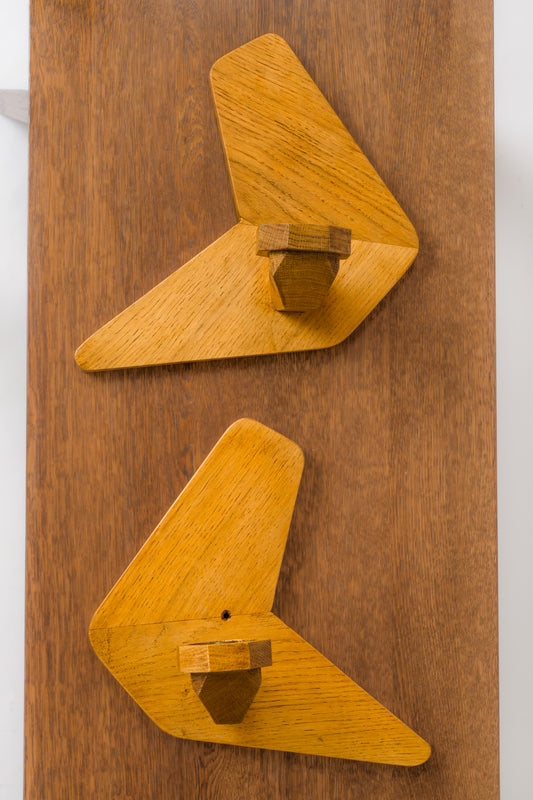 Pair of Solid Oak Boomerang Shaped Sconces - France 1970's