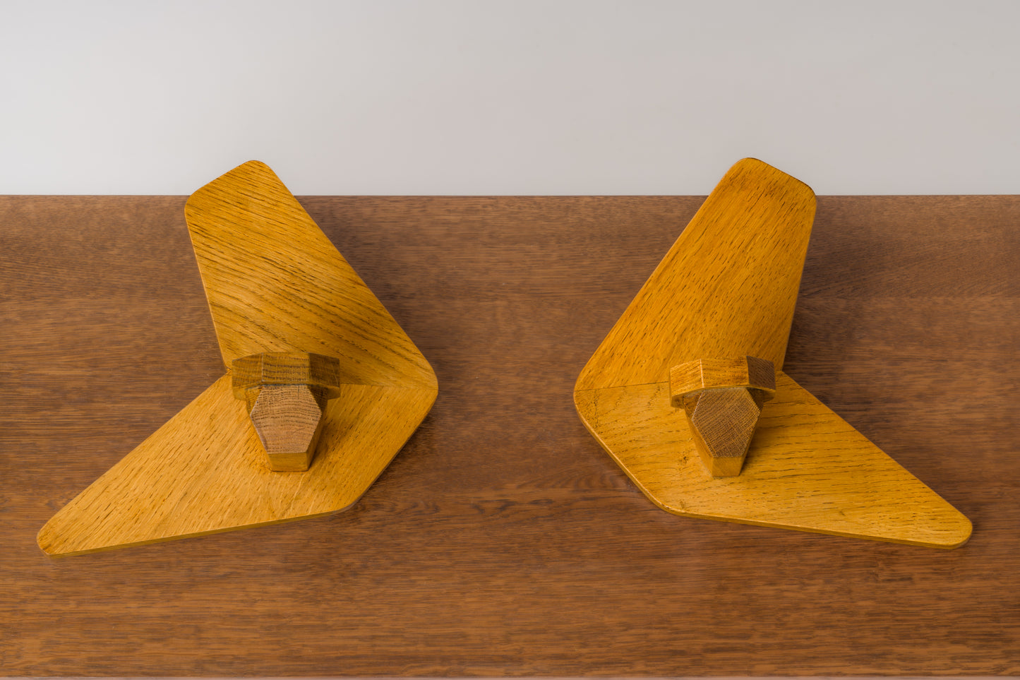 Pair of Solid Oak Boomerang Shaped Sconces - France 1970's