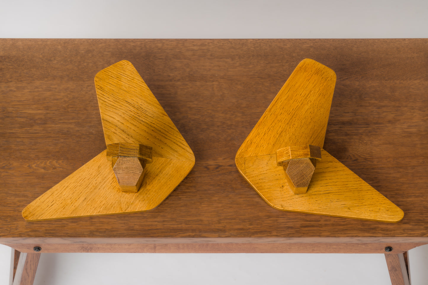 Pair of Solid Oak Boomerang Shaped Sconces - France 1970's