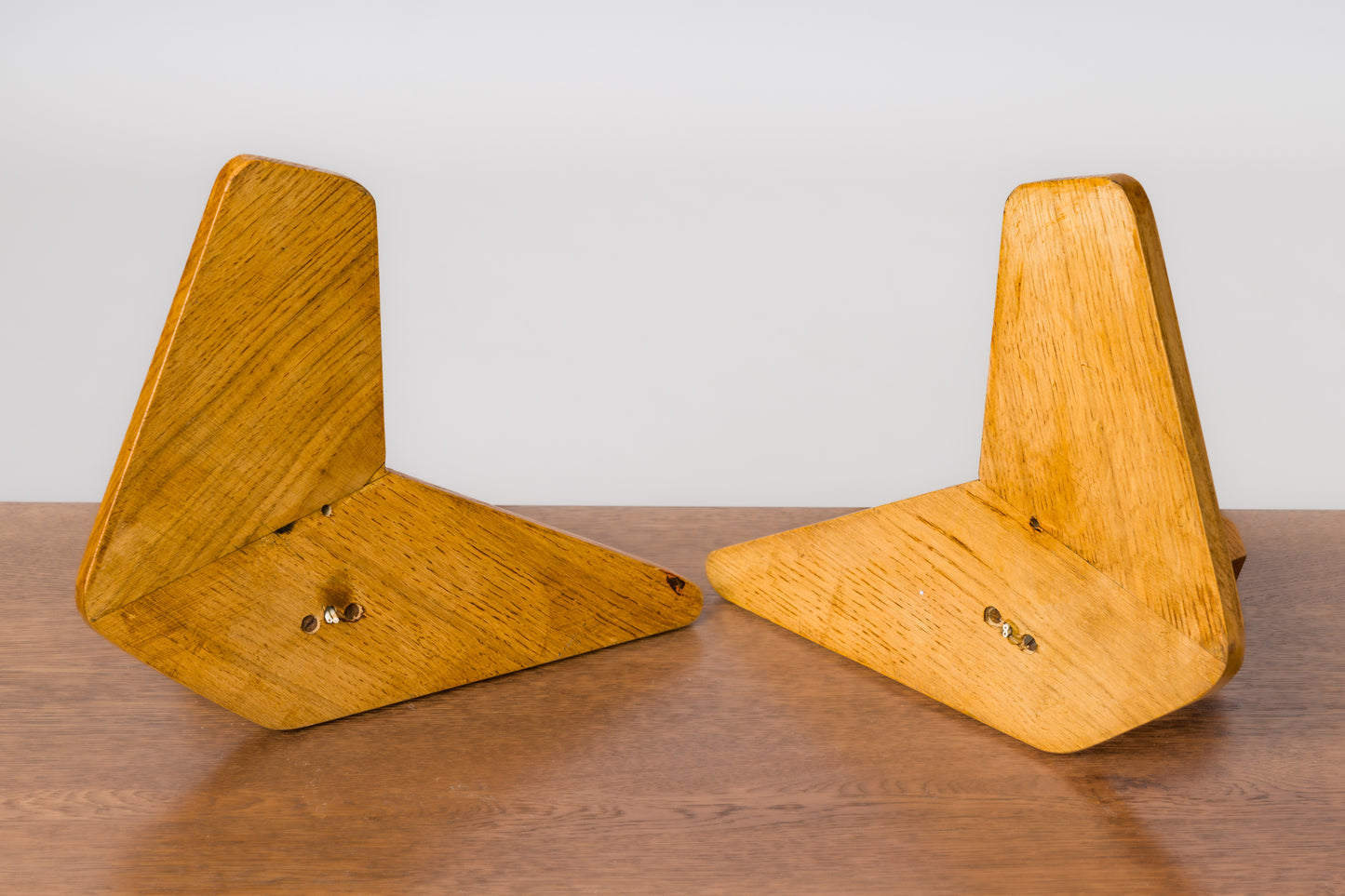 Pair of Solid Oak Boomerang Shaped Sconces - France 1970's