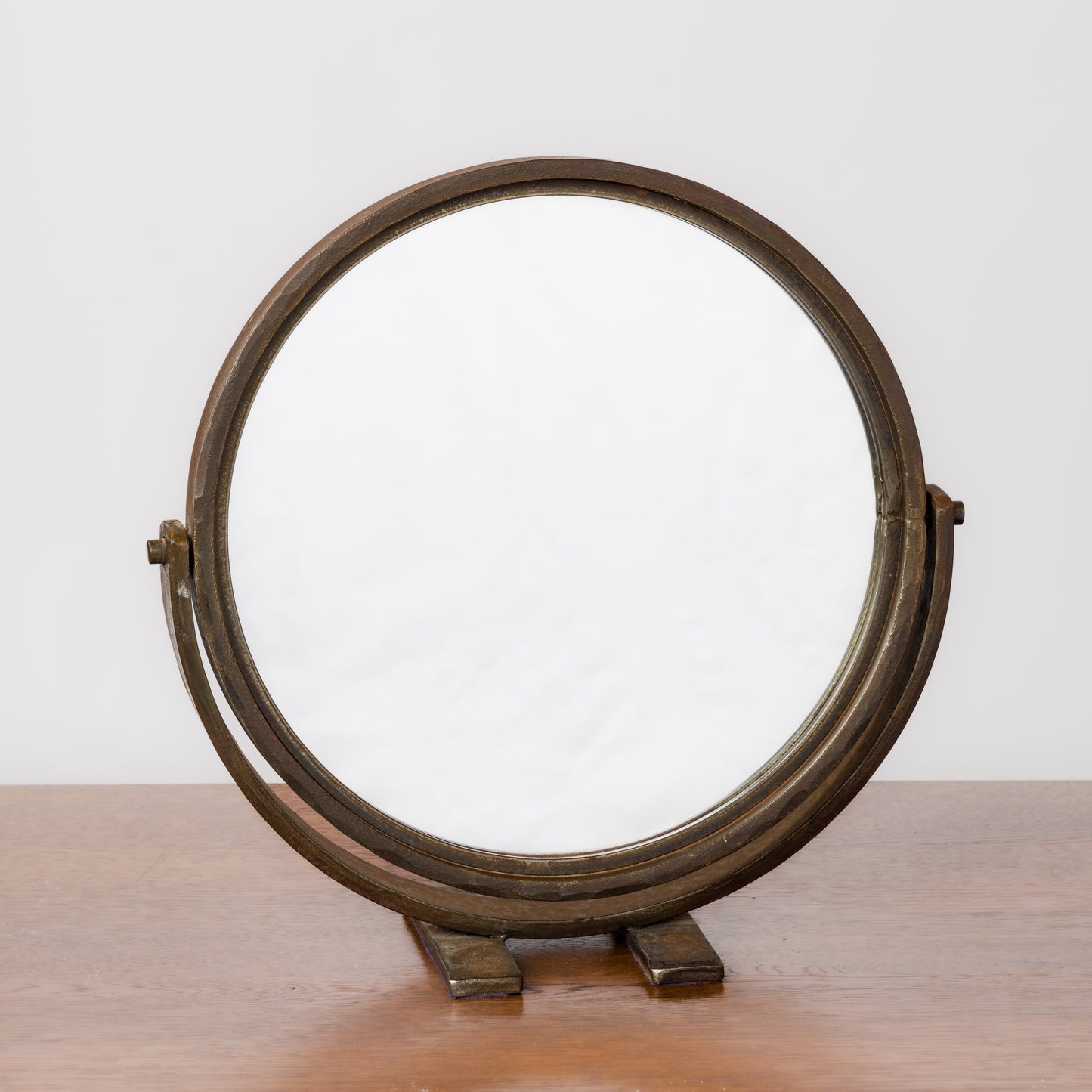 Petite Minimalist Swivel Patinated Wrought Iron Mirror - France 1970's
