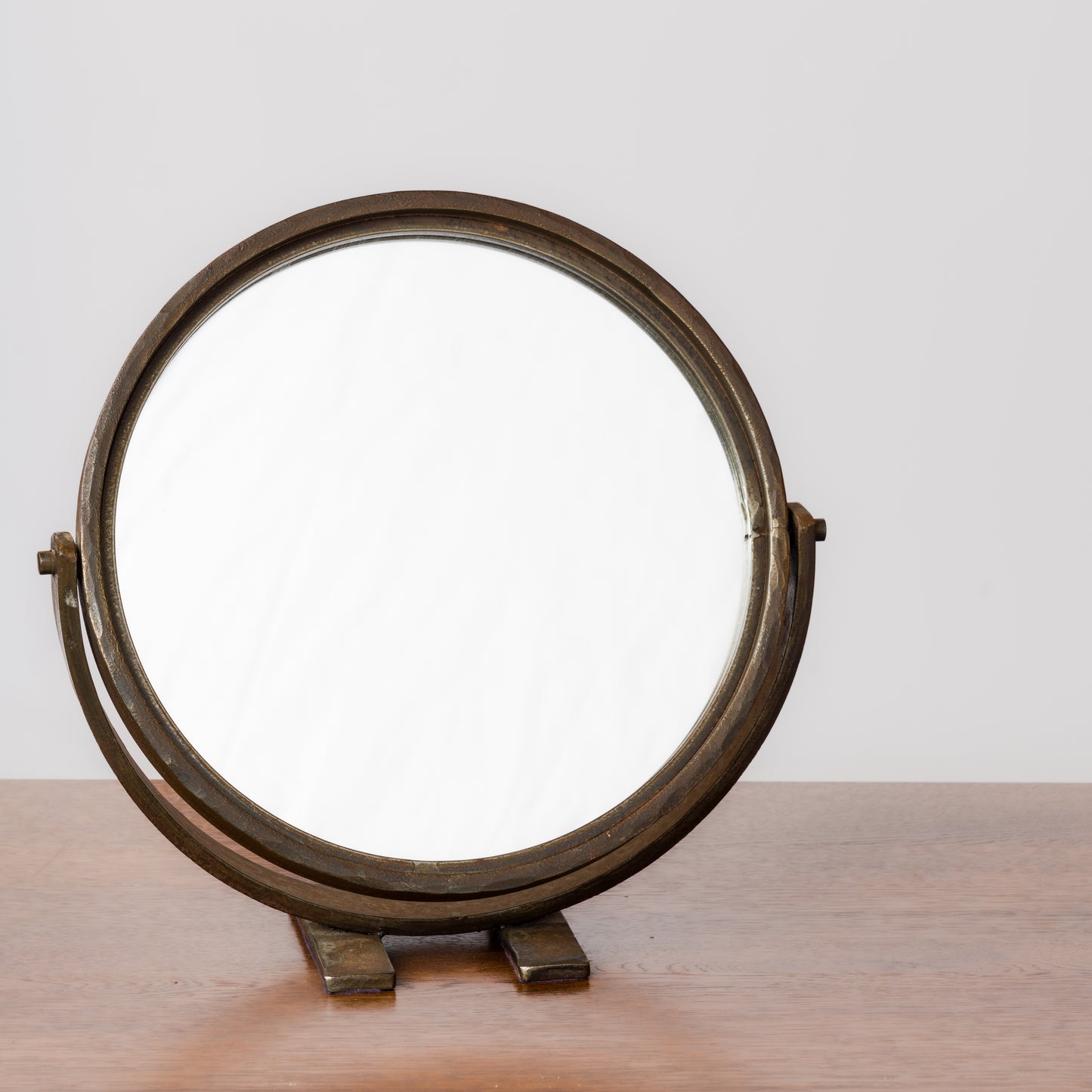 Petite Minimalist Swivel Patinated Wrought Iron Mirror - France 1970's