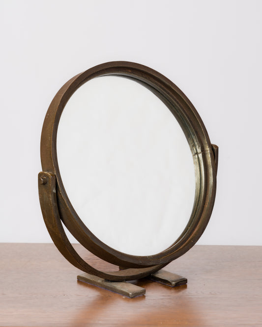 Petite Minimalist Swivel Patinated Wrought Iron Mirror - France 1970's