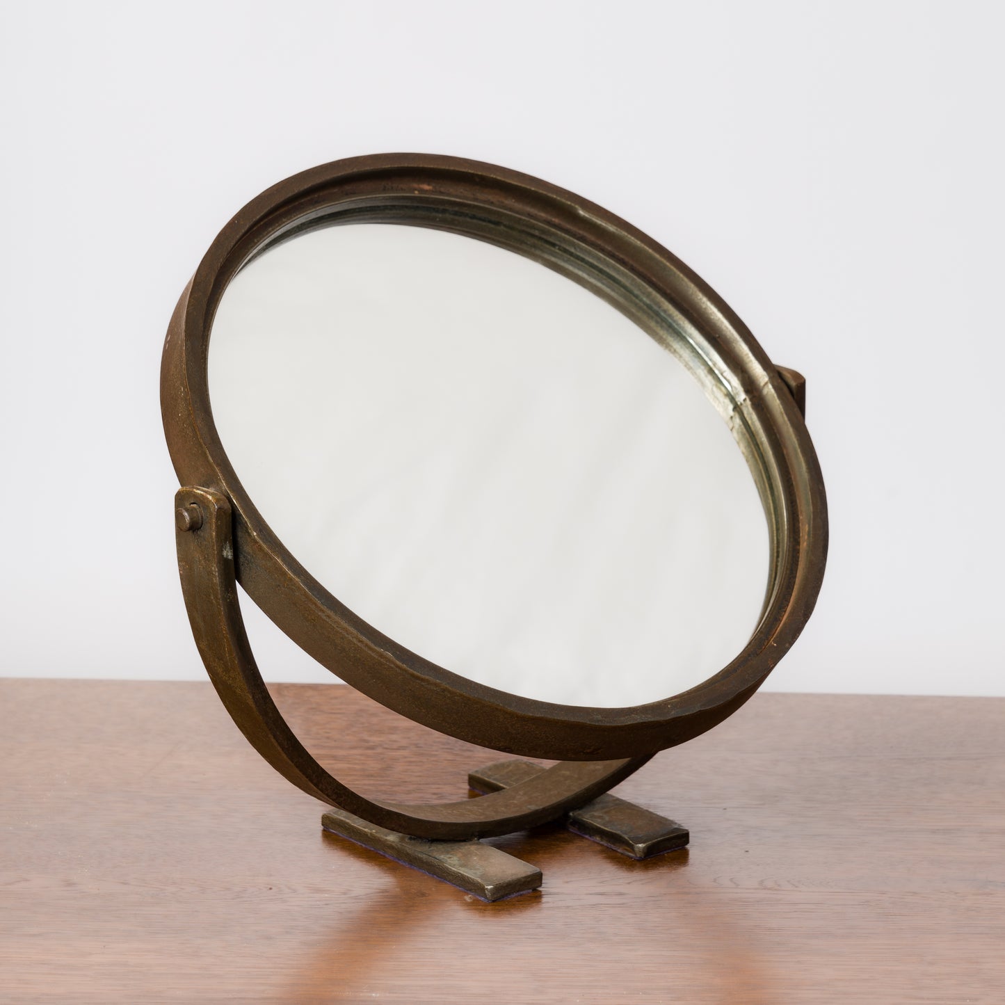 Petite Minimalist Swivel Patinated Wrought Iron Mirror - France 1970's