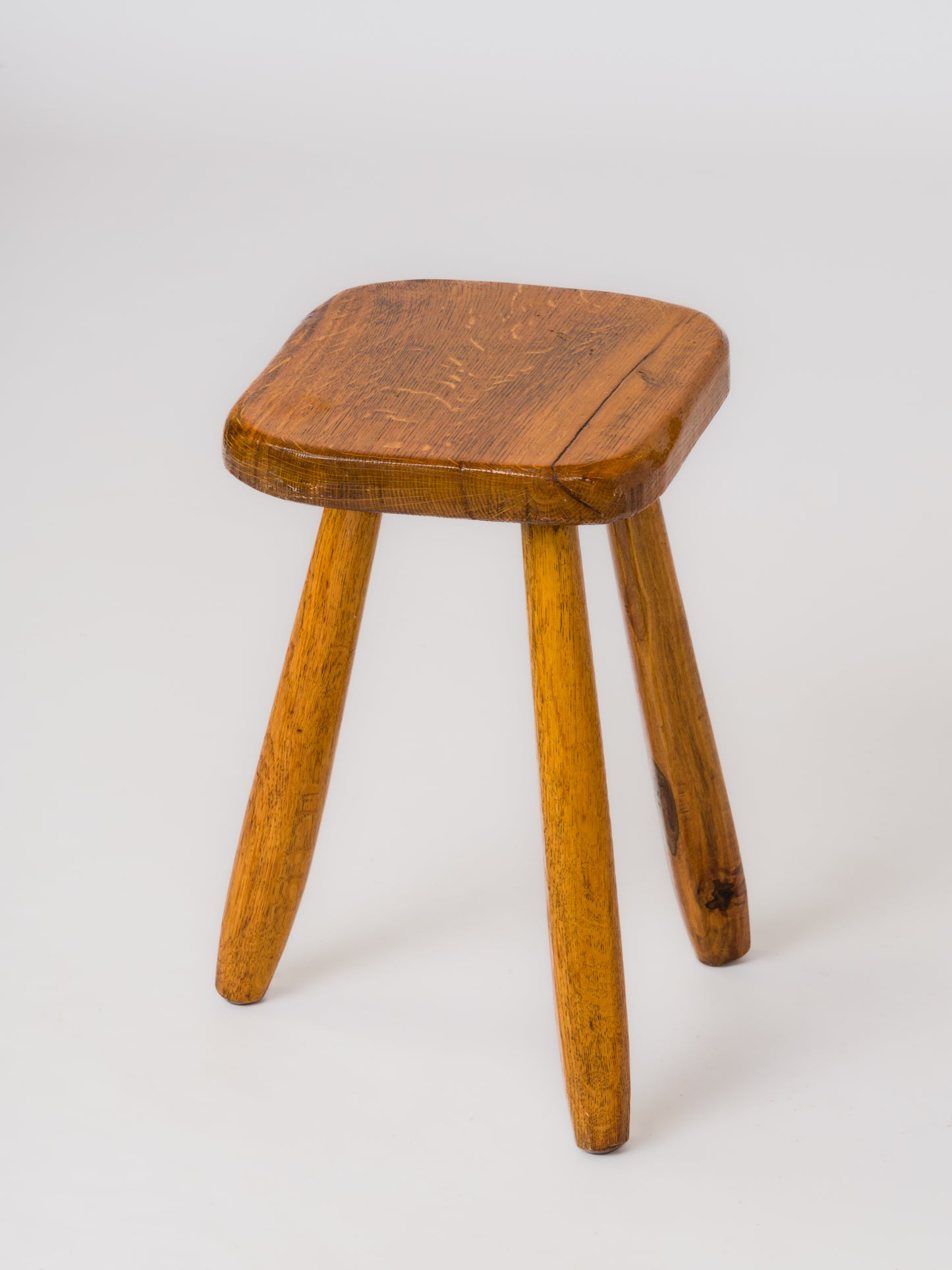 Minimalist Varnished Oak Tripod Stool - France 1970's