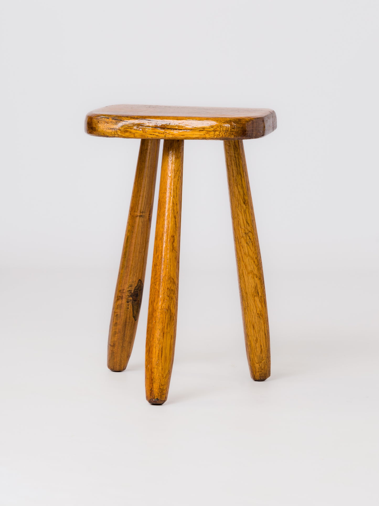 Minimalist Varnished Oak Tripod Stool - France 1970's
