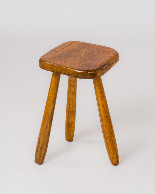 Minimalist Varnished Oak Tripod Stool - France 1970's