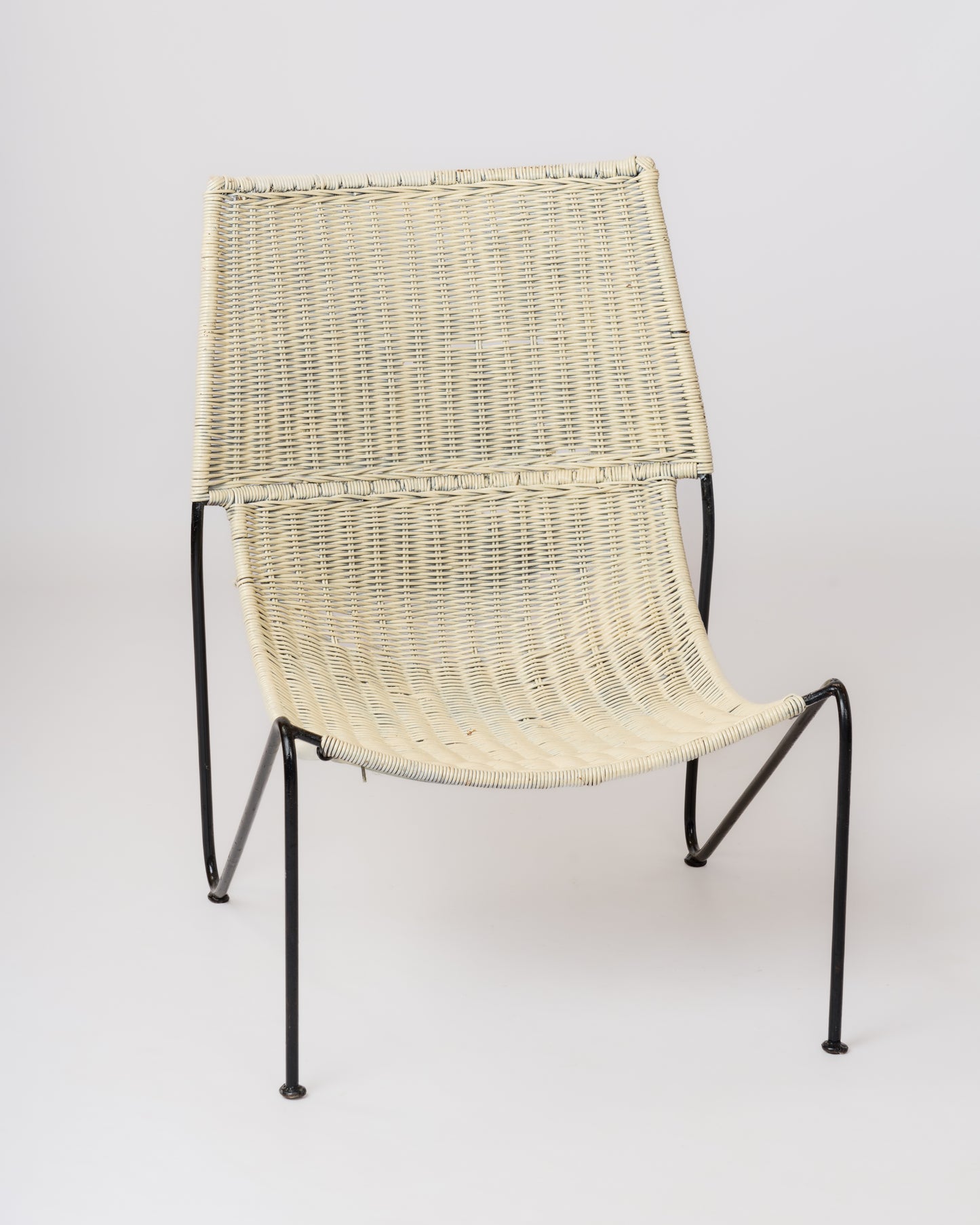 Bent Steel Wire & Wicker Modernist Lounger by Frederic Weinberg - USA 1960's