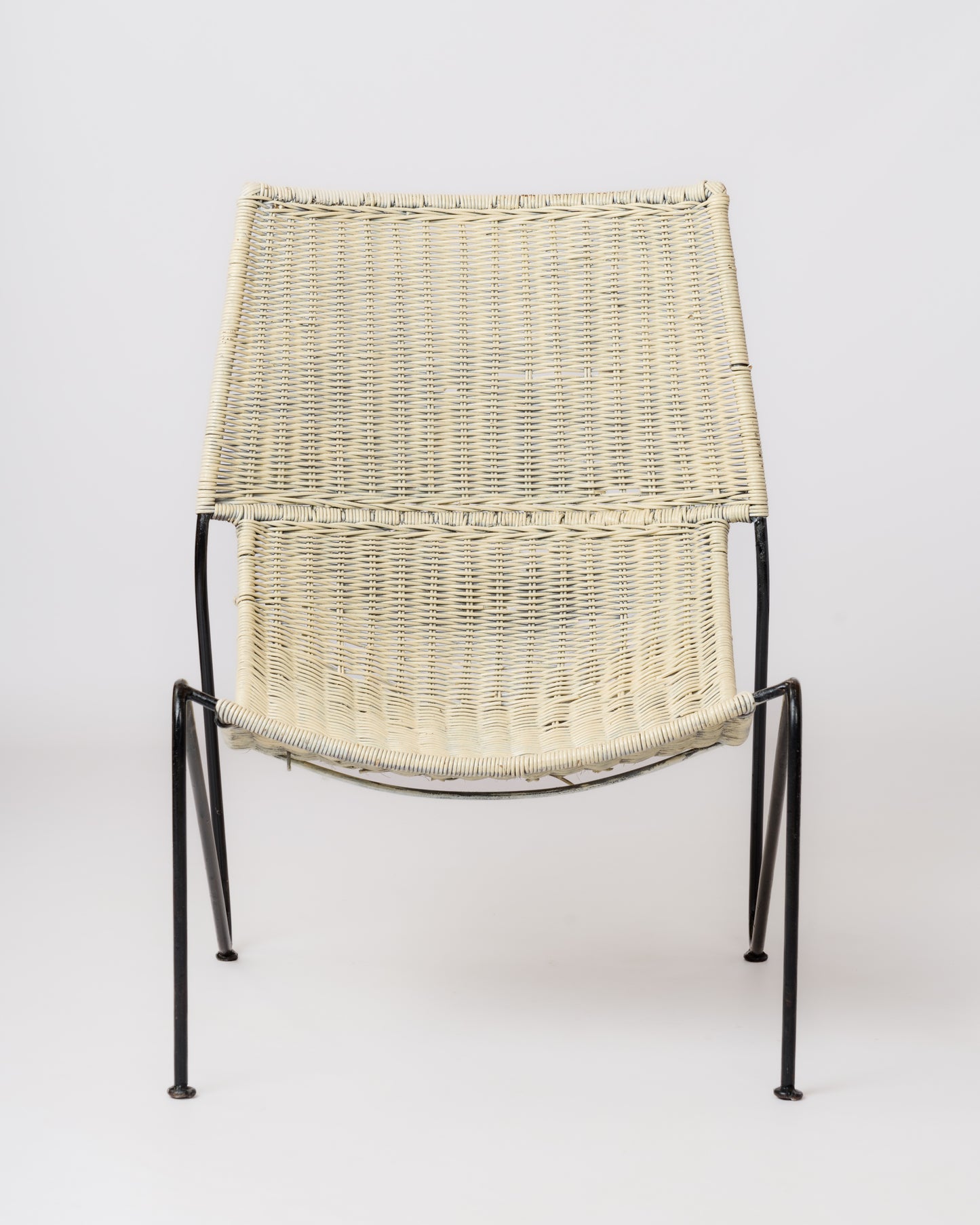 Bent Steel Wire & Wicker Modernist Lounger by Frederic Weinberg - USA 1960's