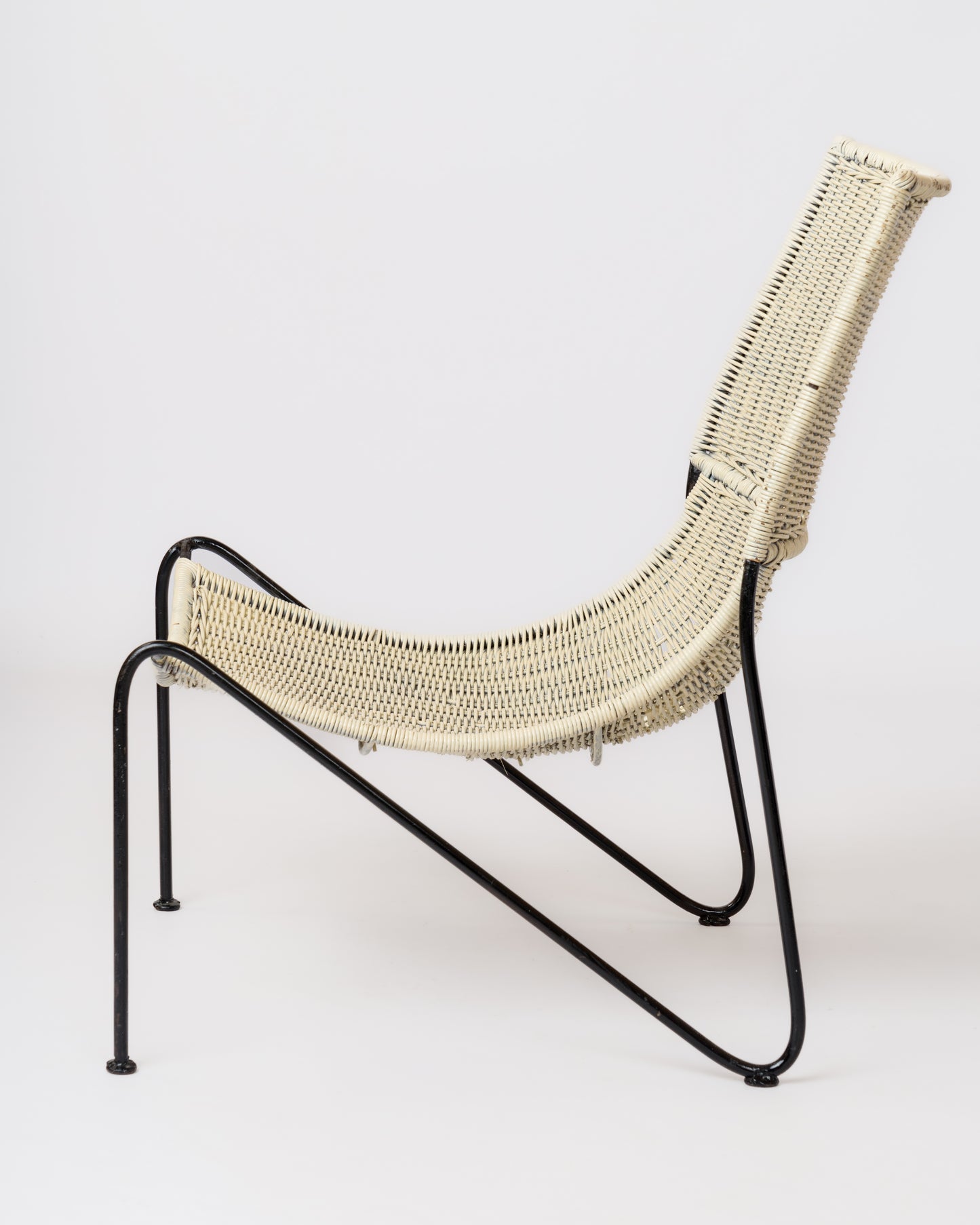 Bent Steel Wire & Wicker Modernist Lounger by Frederic Weinberg - USA 1960's