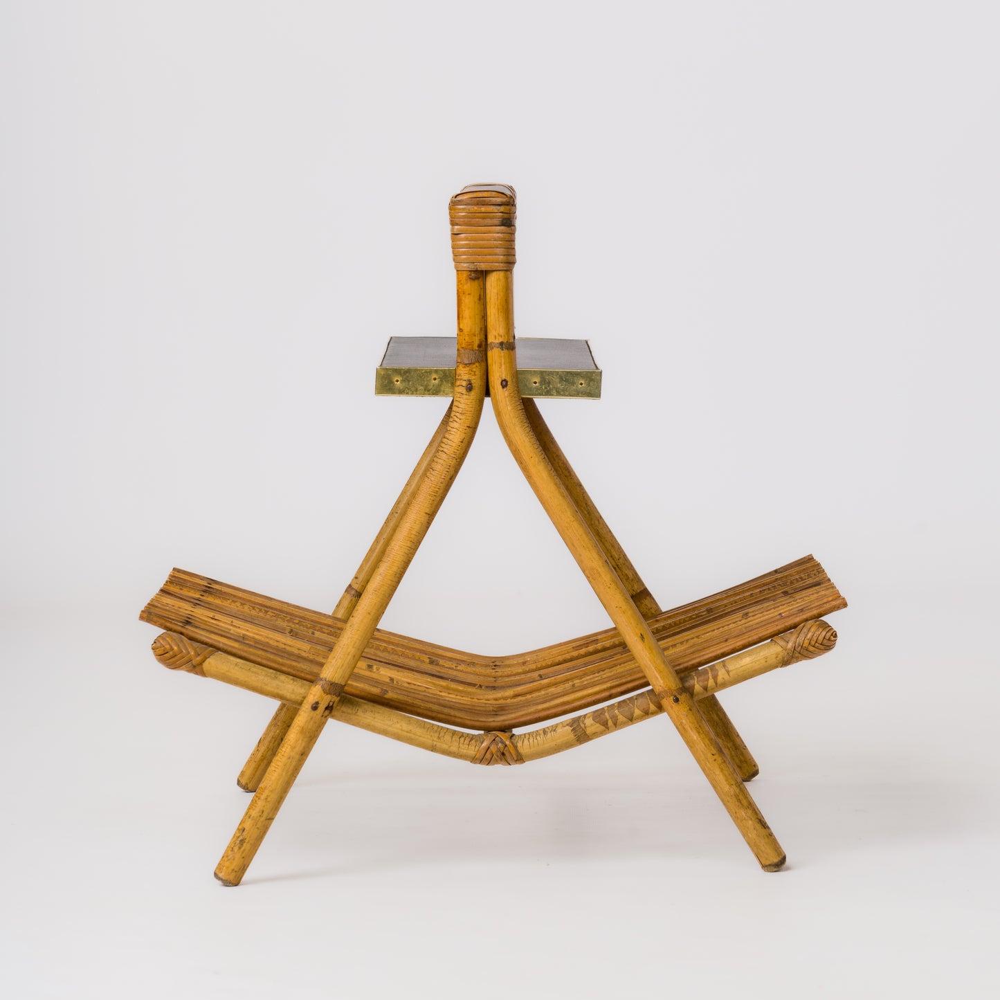 Rattan, Brass & Moleskine Magazine Rack in the style of Quinet - France 1960's