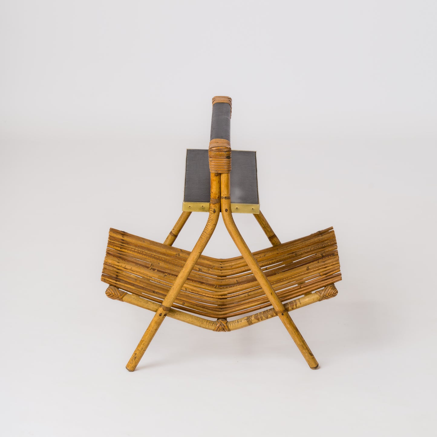 Rattan, Brass & Moleskine Magazine Rack in the style of Quinet - France 1960's