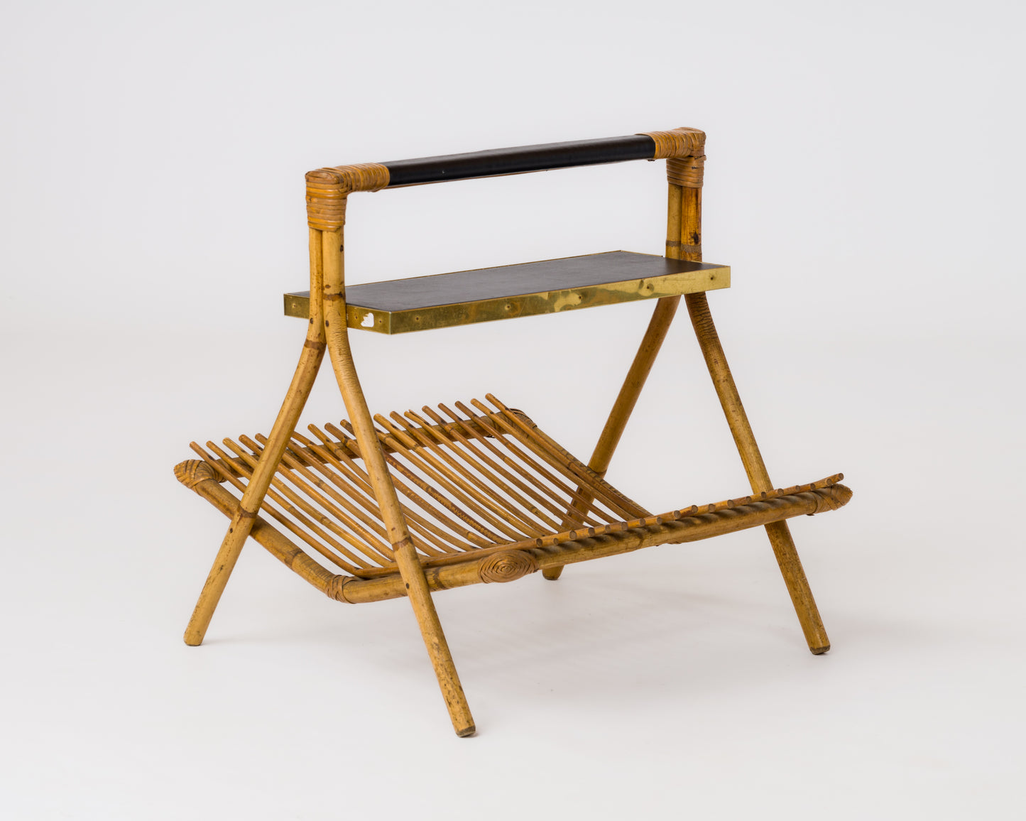 Rattan, Brass & Moleskine Magazine Rack in the style of Quinet - France 1960's
