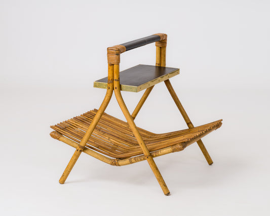 Rattan, Brass & Moleskine Magazine Rack in the style of Quinet - France 1960's
