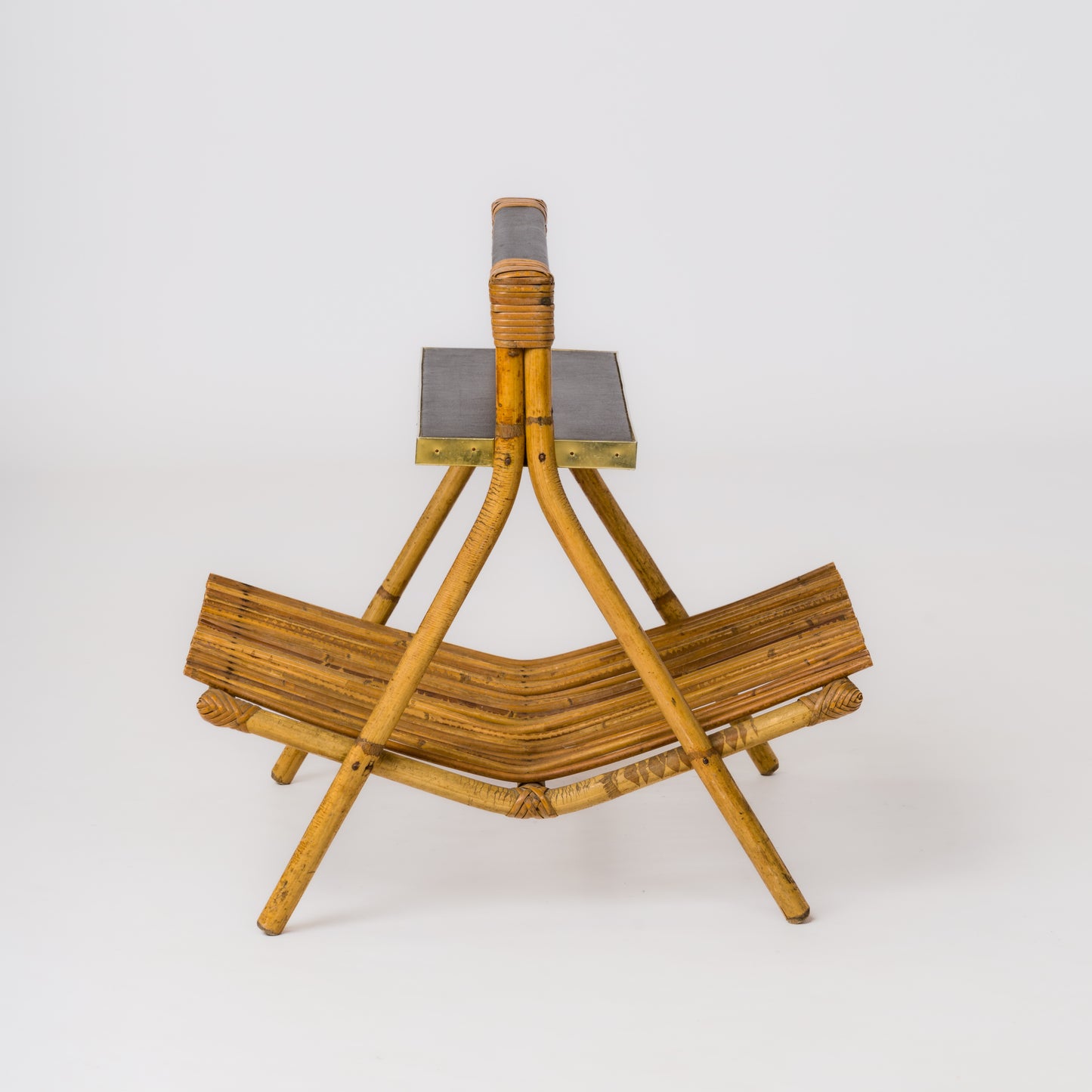 Rattan, Brass & Moleskine Magazine Rack in the style of Quinet - France 1960's