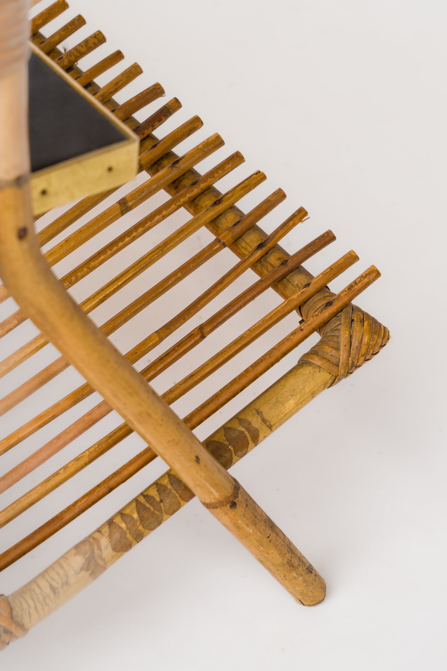 Rattan, Brass & Moleskine Magazine Rack in the style of Quinet - France 1960's