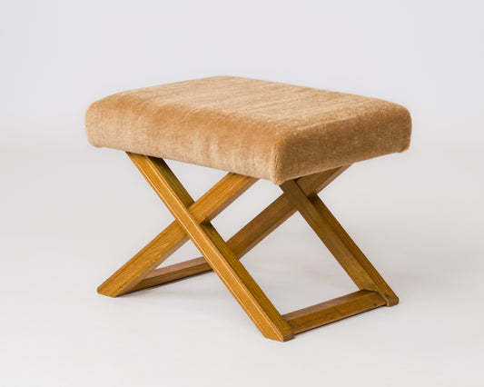 X-Shaped Oak Bench after JM Frank with Caramel P. Frey Mohair - France 1940's