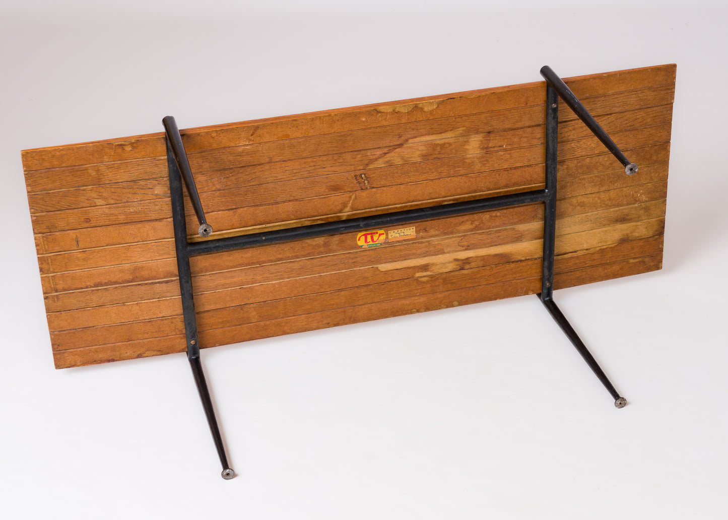 Signed Oak Slats & Lacquered Steel Coffe Table by P. Verdurier - France 1960's
