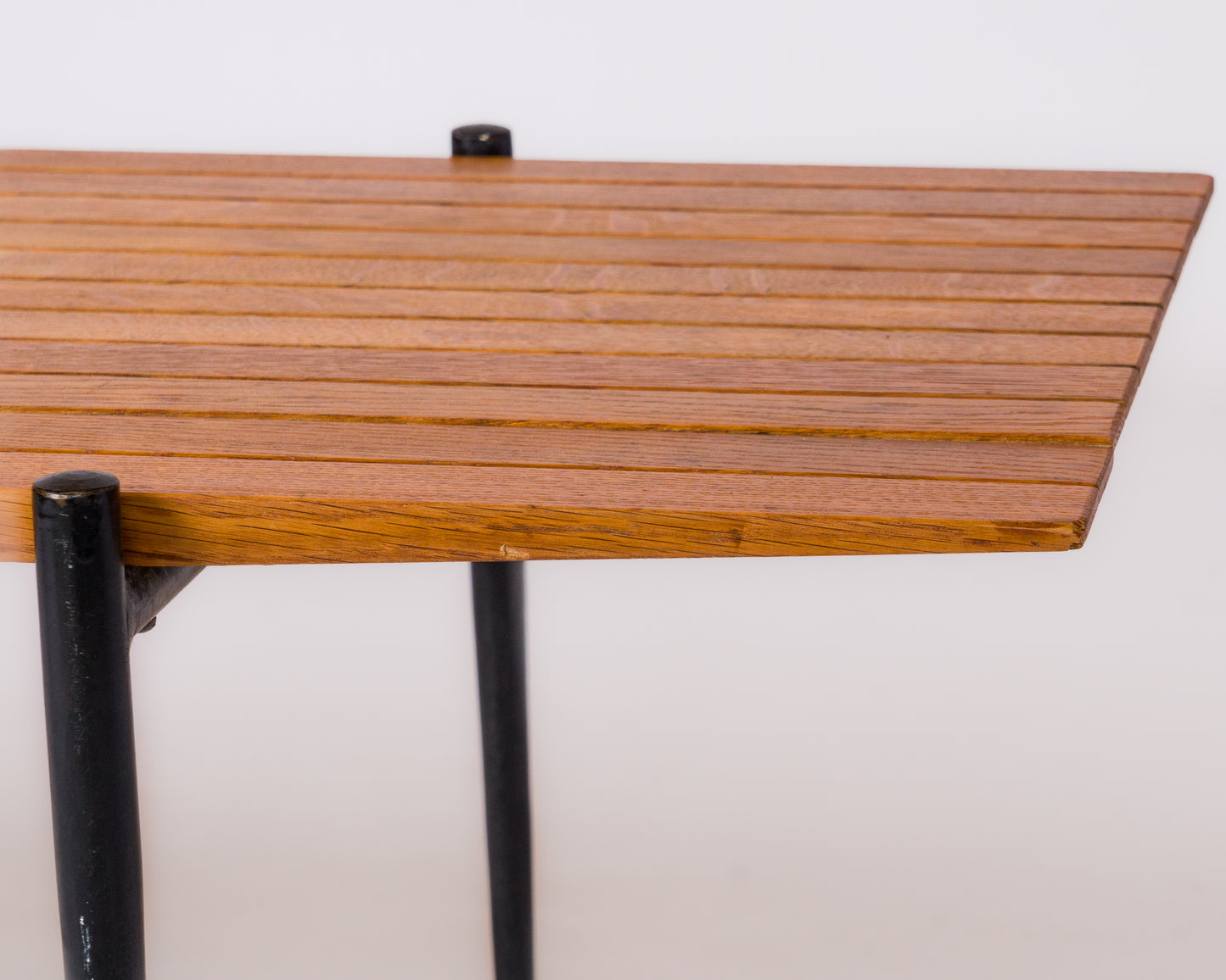 Signed Oak Slats & Lacquered Steel Coffe Table by P. Verdurier - France 1960's