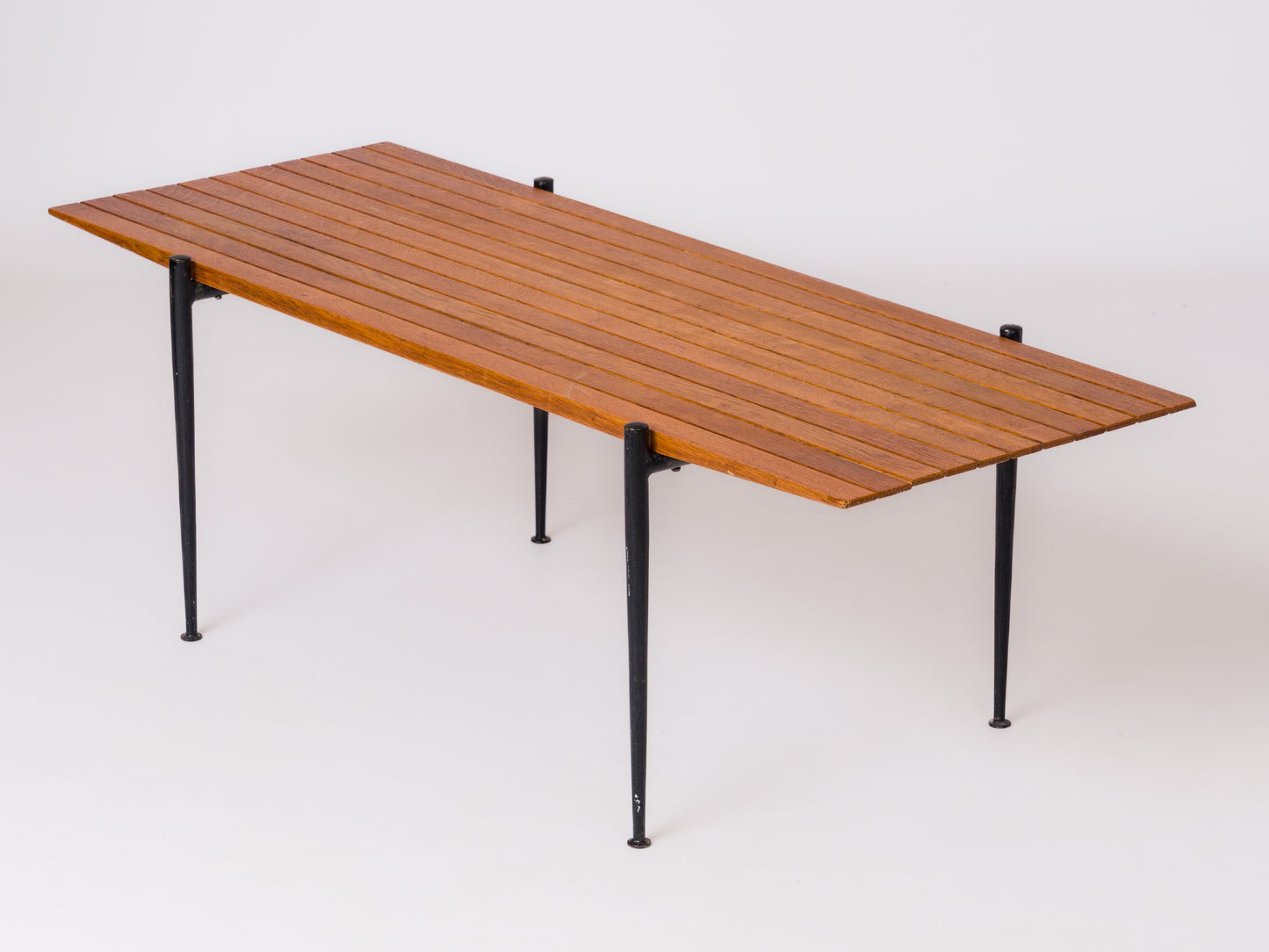 Signed Oak Slats & Lacquered Steel Coffe Table by P. Verdurier - France 1960's