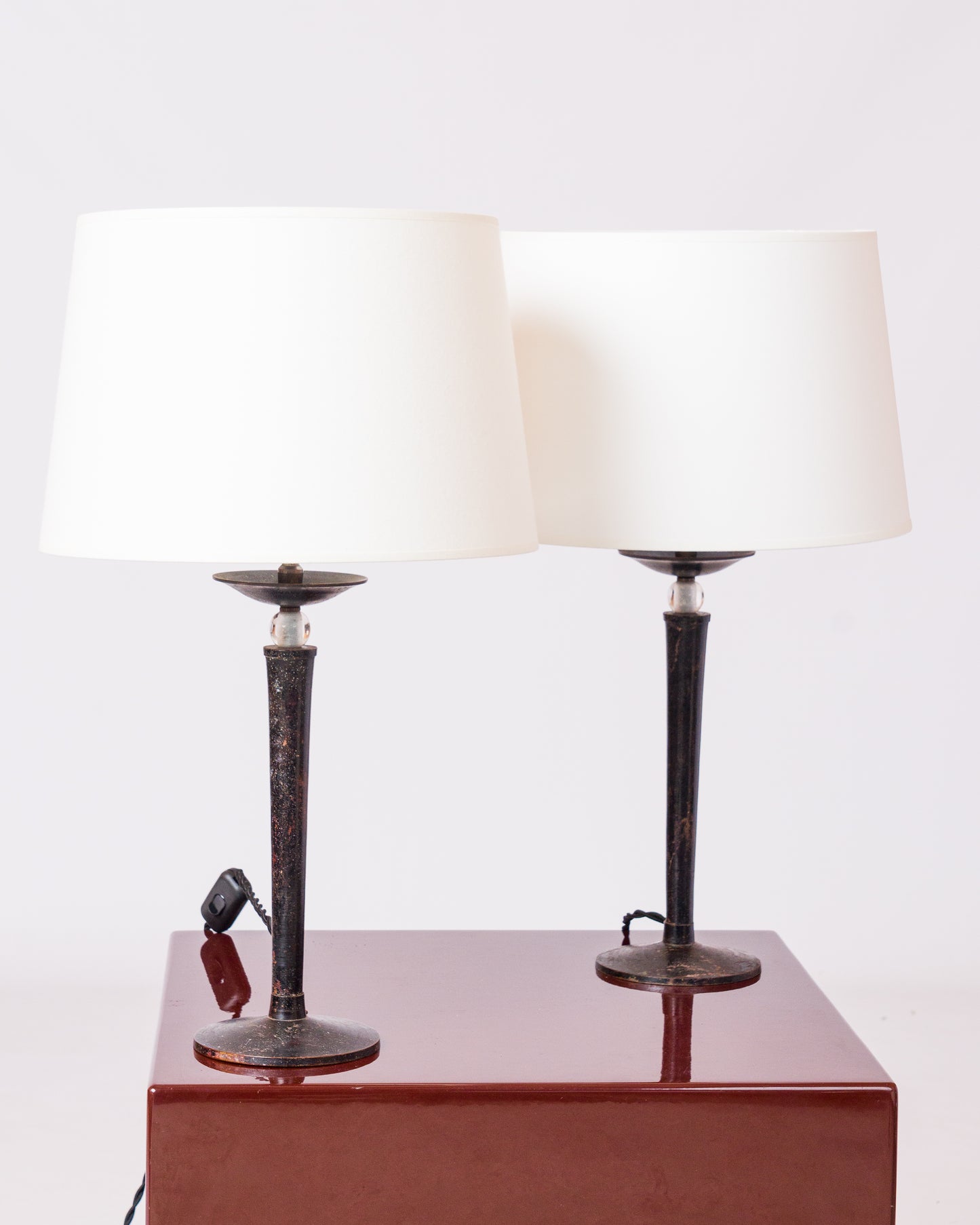Patinated Steel & Glass Pearls Table Lamps - France 1970's